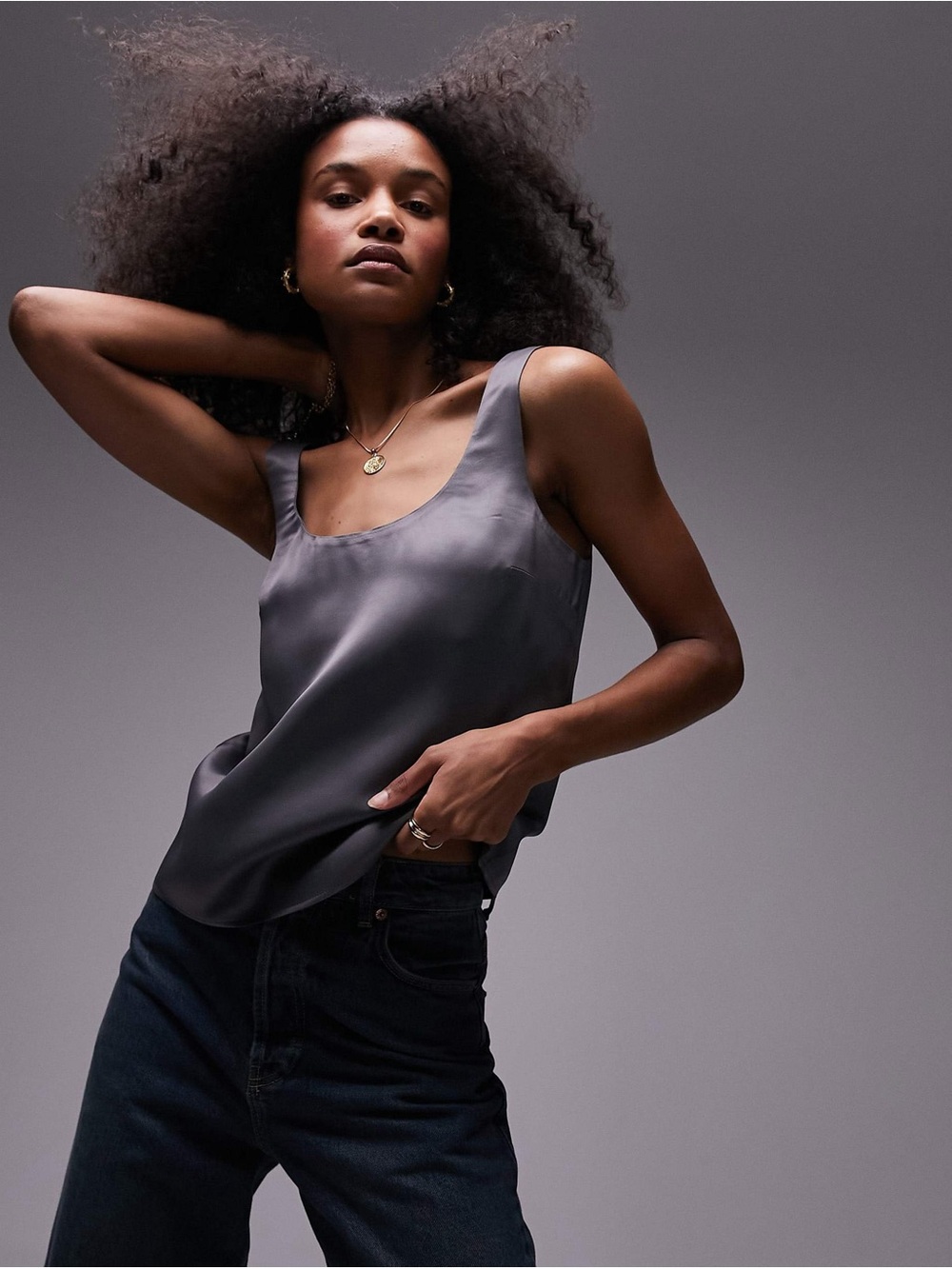 Topshop Satin Silky Scoop Neck Tank in Charcoal Gray -in size 2